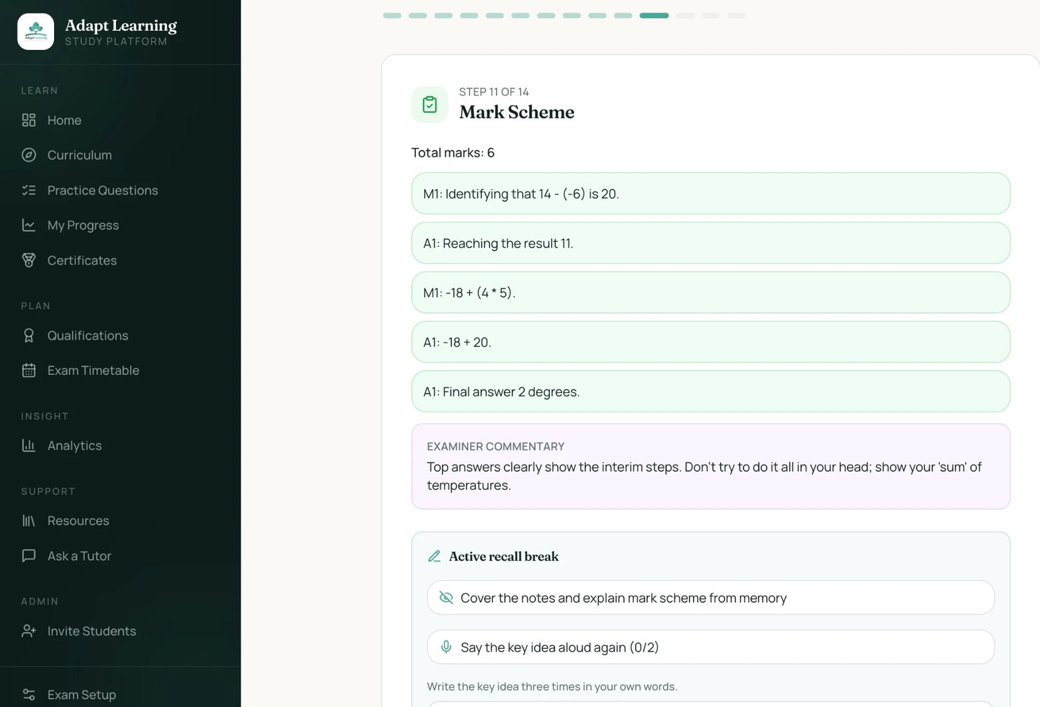 The Adapt Learning platform showing a mark scheme with examiner commentary and active recall